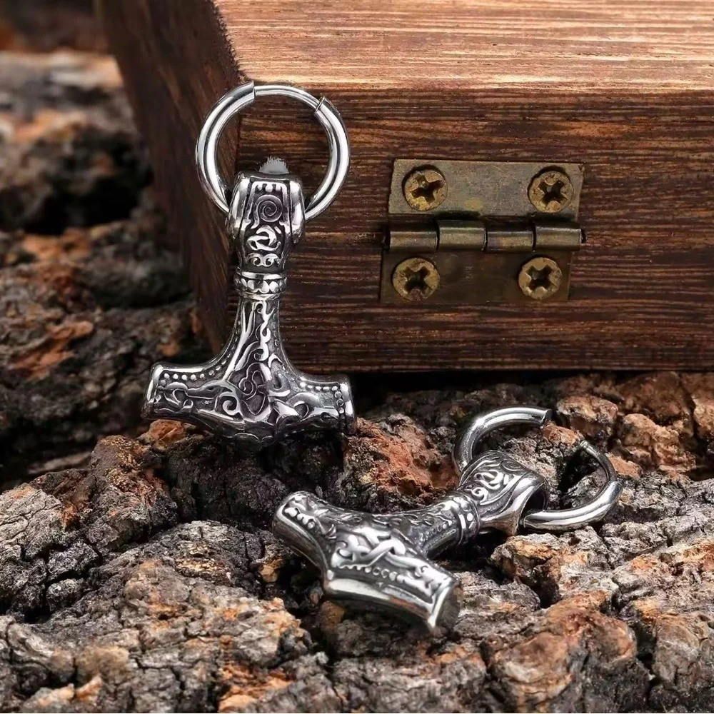 18K White Gold Mjolnir Thor’s Hammer Viking Celtic Runes Unisex Hoop Earrings